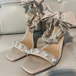 Elegant Beige Women's Heels with Pearl Accents